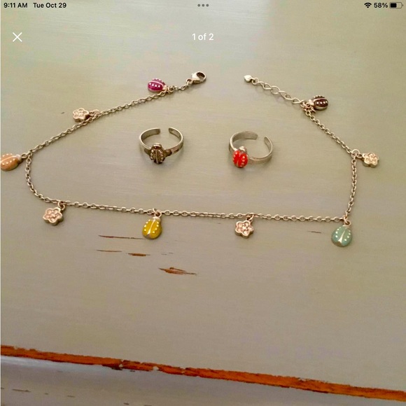 Silver Ladybug Ankle Bracelet and Toe Rings - Picture 1 of 4